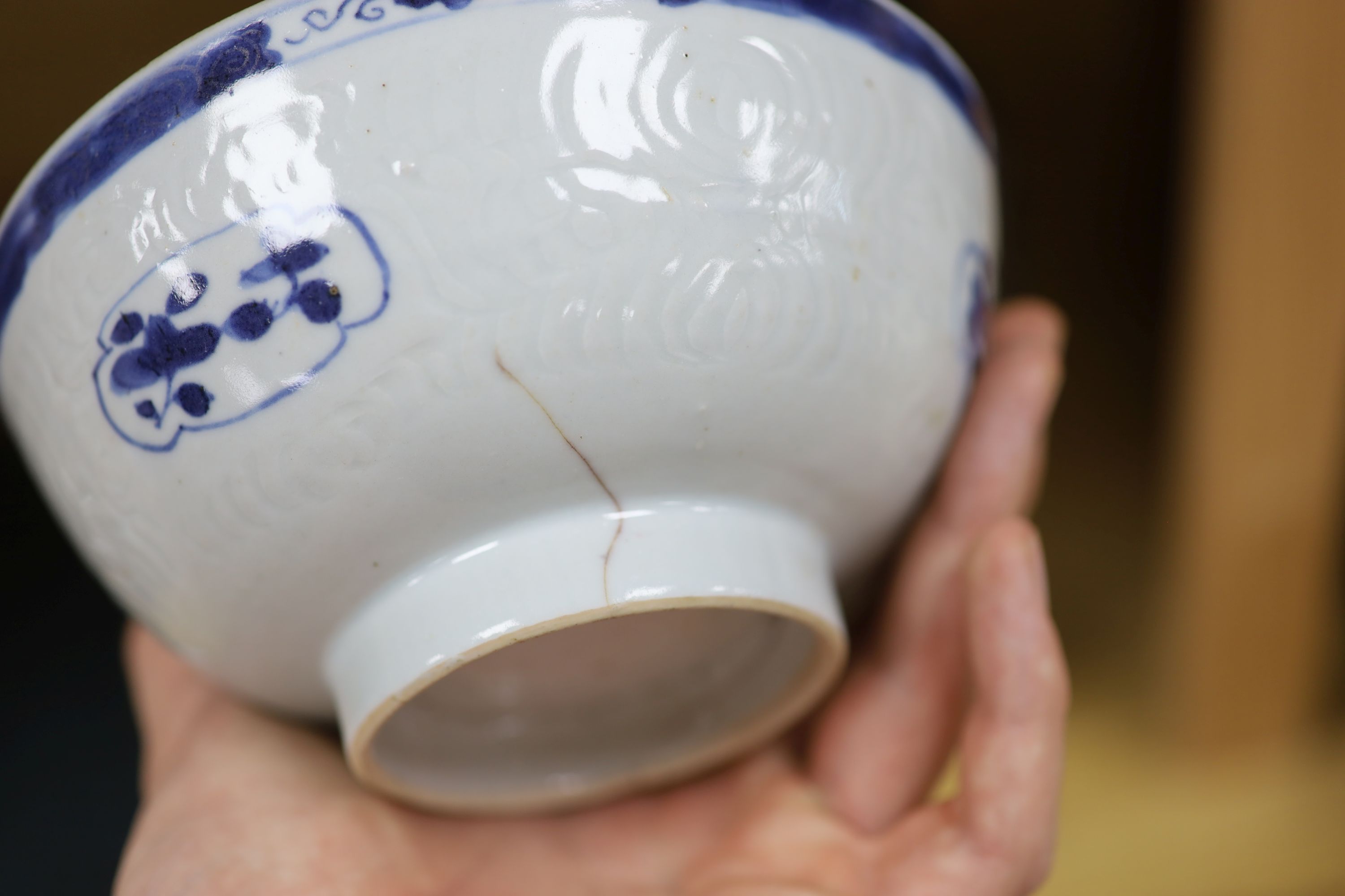 A Chinese blue and white bowl, diameter 15cm, a tea bowl and saucer, a crackleglaze shell dish and a celadon glazed stem cup